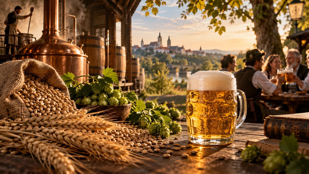 Bierkrug mit Schaumkrone auf einem Tisch voller Gerste, Hopfen und Malz, dahinter Sudkessel und ein Biergarten vor einer Burg über dem Fluss