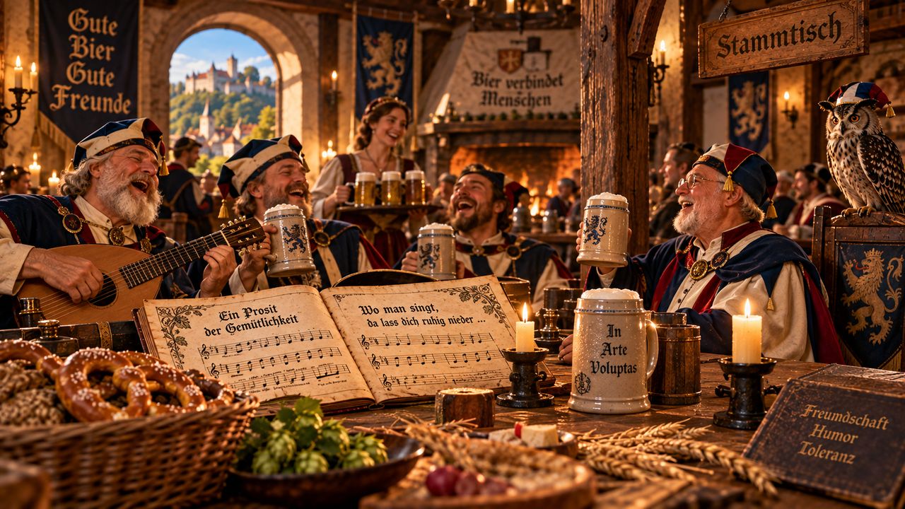 Fröhliche Runde am Stammtisch mit Liederbuch, Laute und Bierkrügen, an der Wand ein Schild „Bier verbindet Menschen“