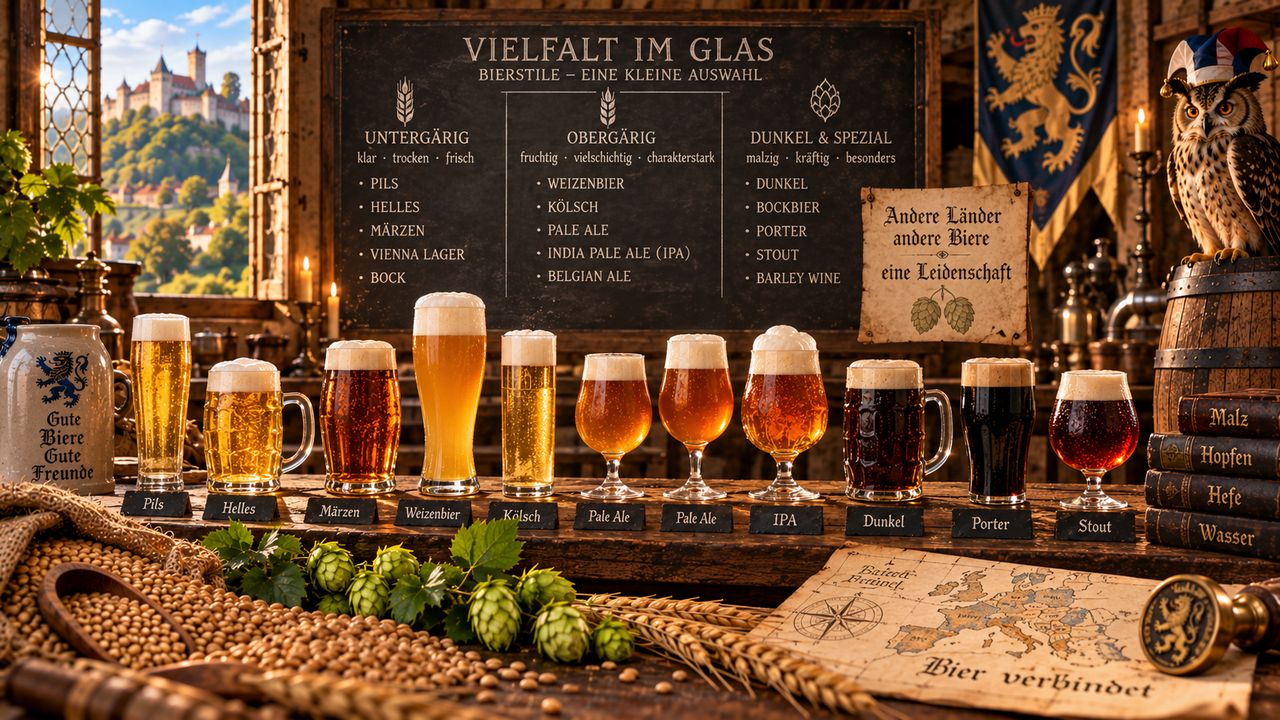 Eine Reihe Biergläser von Pils über Weizen und Bock bis Porter und Stout vor einer Kreidetafel mit den wichtigsten Bierstilen