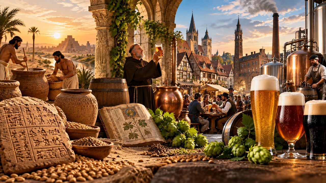 Braugeschichte in einem Bild: Keilschrifttafel und Tonkrüge der ersten Brauer, ein Mönch mit Bierglas, dazu Fachwerkstadt und Brauerei der Neuzeit