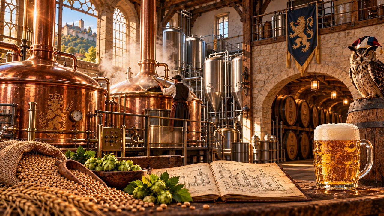Kupferne Sudkessel und moderne Edelstahltanks in einem Brauhaus mit Gewölbekeller, davor Konstruktionszeichnungen und ein Bierkrug