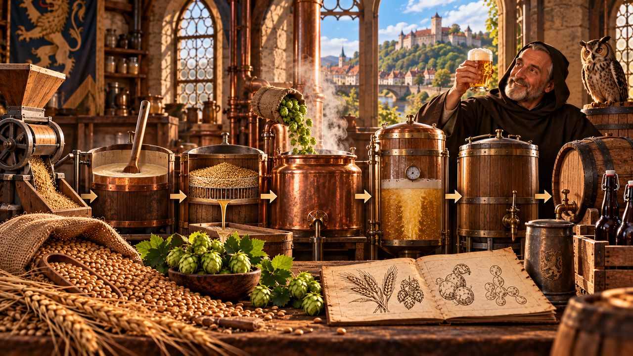 Der Brauvorgang Schritt für Schritt: Schrotmühle, Maischbottich, Läuterbottich, Sudpfanne, Gärbottich und Lagerfass, beobachtet von einem Mönch und einem Uhu
