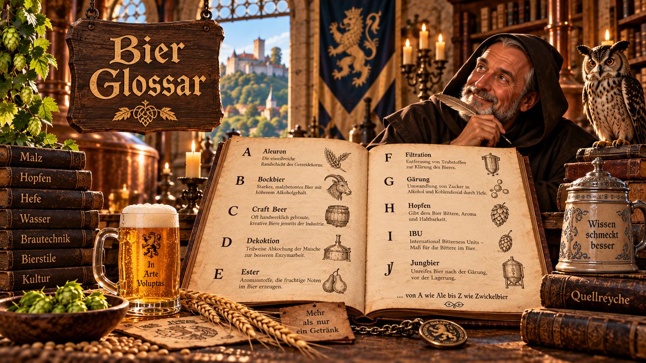 Aufgeschlagenes Bier-Glossar mit Fachbegriffen von A bis Z, daneben ein schmunzelnder Mönch, Bierkrug und Bücher zu Malz, Hopfen und Hefe