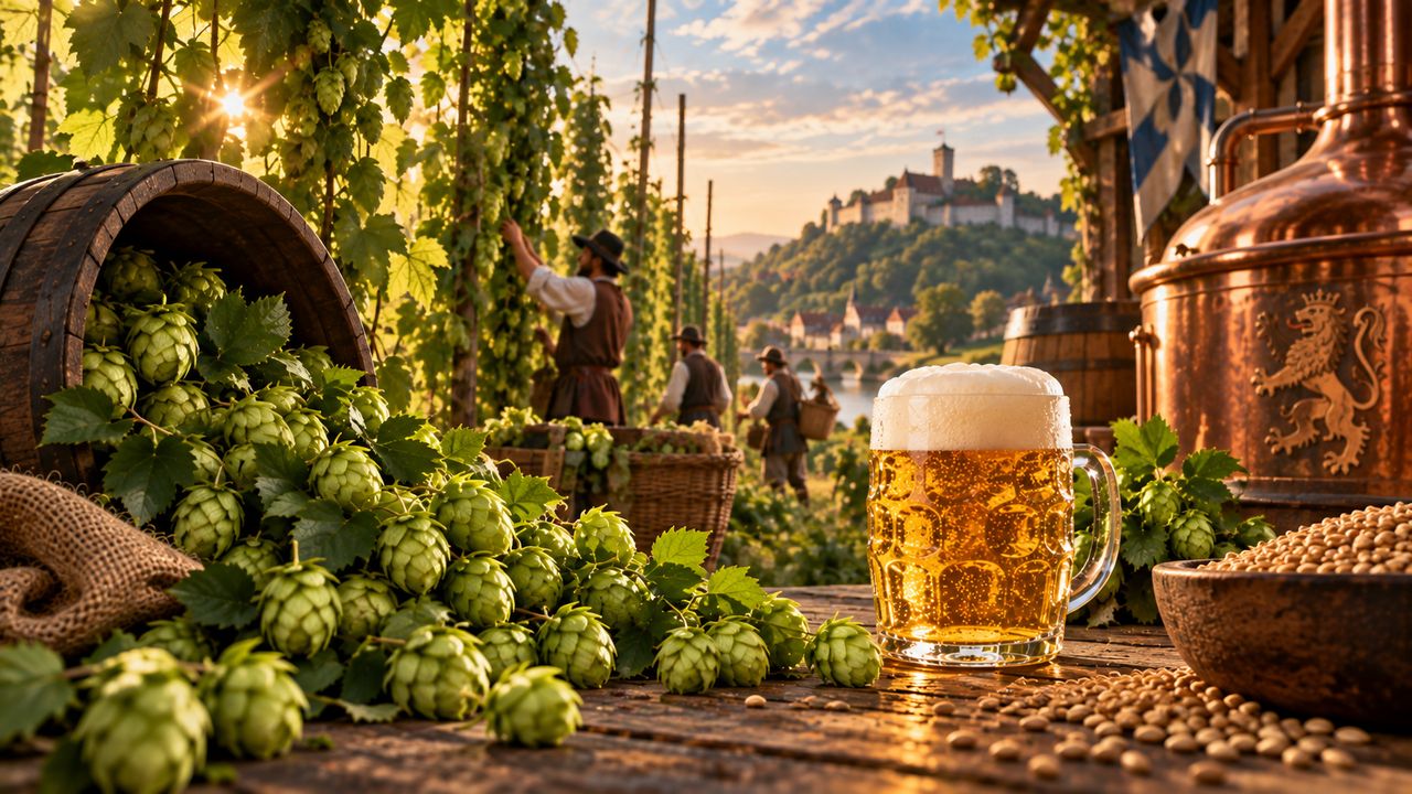 Hopfendolden quellen aus einem Holzfass, im Hintergrund ein Hopfengarten mit Erntehelfern und eine Burg über dem Tal