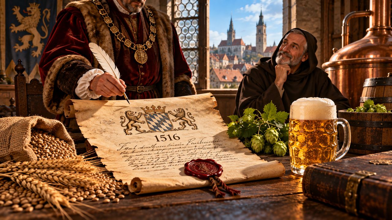 Ein Herzog mit Feder unterzeichnet eine Urkunde von 1516, daneben ein Mönch, ein Bierkrug, Hopfen und Gerste