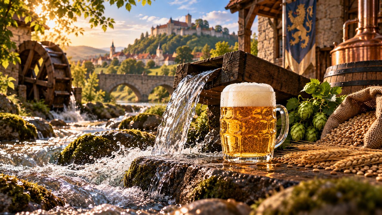 Frisches Quellwasser stürzt über Felsen neben einem Bierkrug, dahinter ein Wasserrad, eine Steinbrücke und eine Burg
