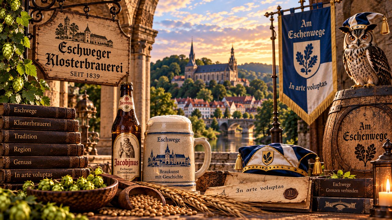Stimmungsbild zum Reych Am Eschenwege: Uhu, Banner und Klosterbrauerei-Schild vor der Fachwerkstadt Eschwege an der Werra
