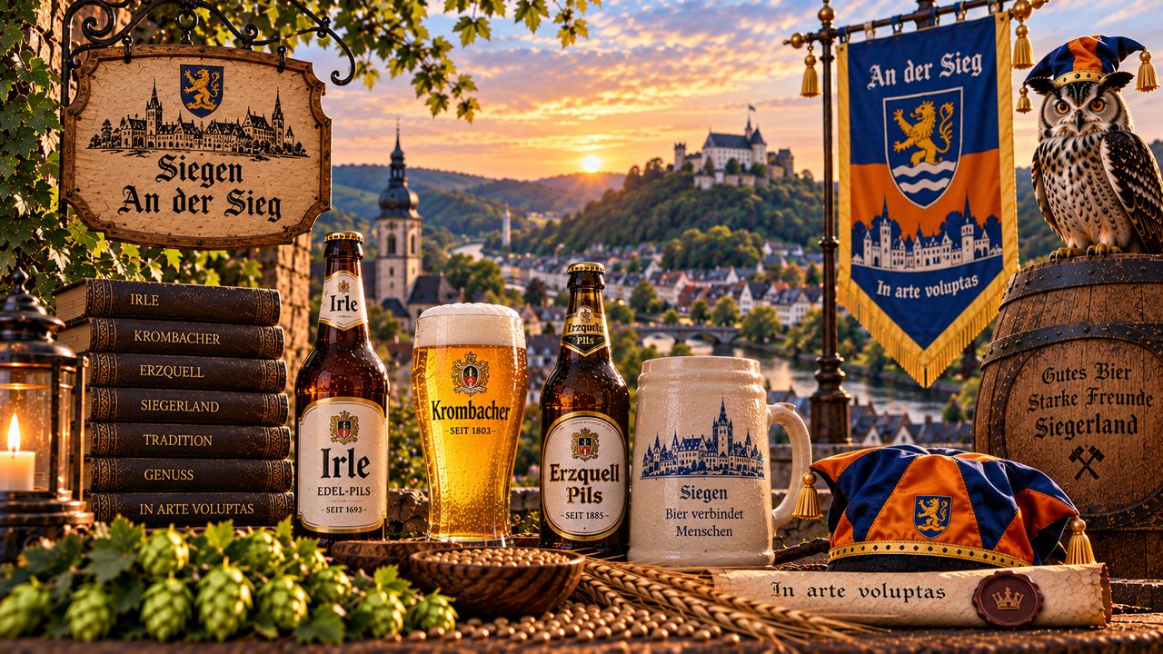 Stimmungsbild zum Reych An der Sieg: Uhu, Banner und Pils aus dem Siegerland vor Siegen mit dem Oberen Schloss