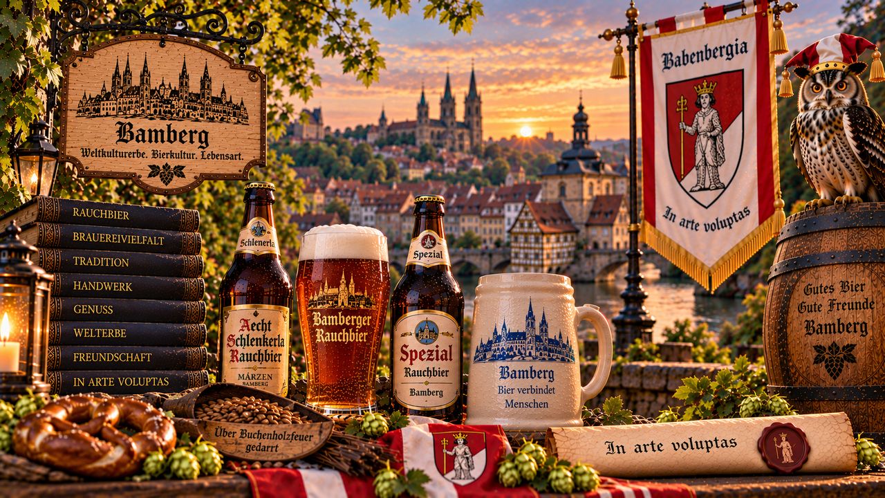 Stimmungsbild zur Babenbergia: Uhu, Reychsbanner, Bamberger Rauchbier und Krug vor Dom und Altstadt von Bamberg
