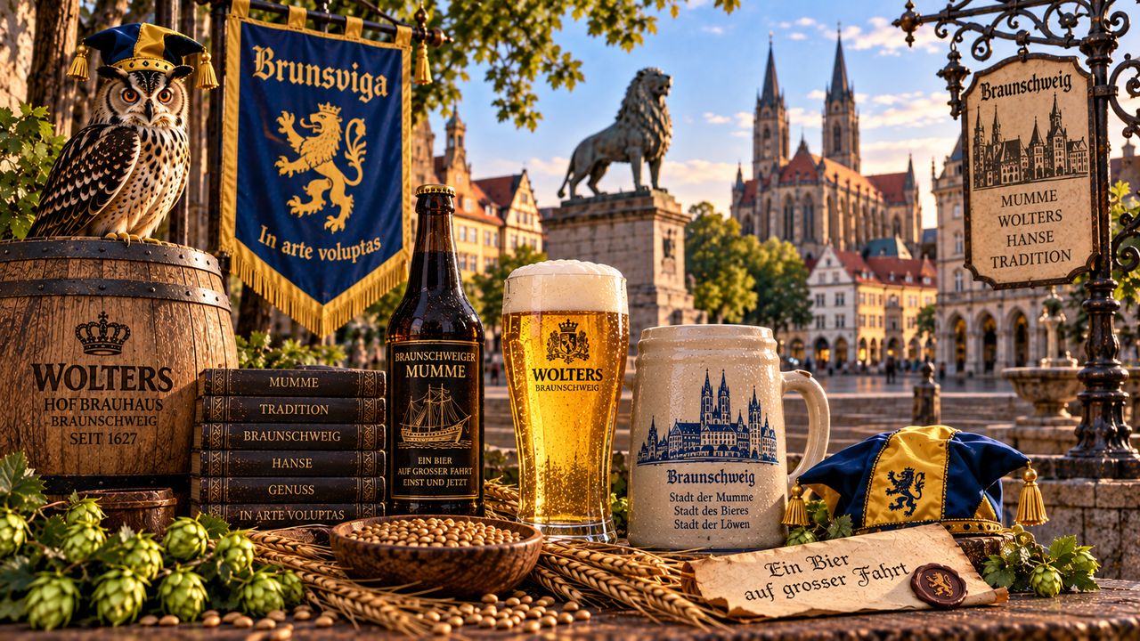Stimmungsbild zur Brunsviga: Uhu, Löwenbanner, Mumme und Braunschweiger Bier vor Burglöwe und Dom