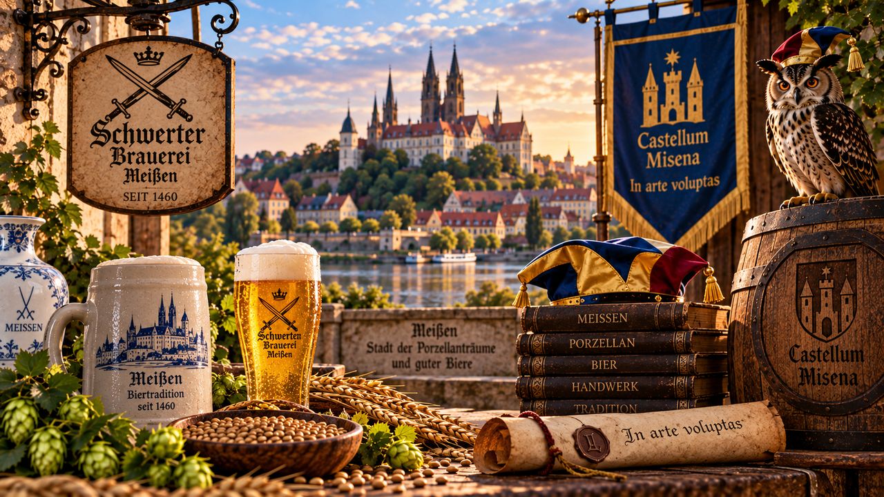 Stimmungsbild zum Castellum Misena: Uhu, Banner, Porzellankrug und Bier vor Albrechtsburg und Dom über der Elbe in Meißen