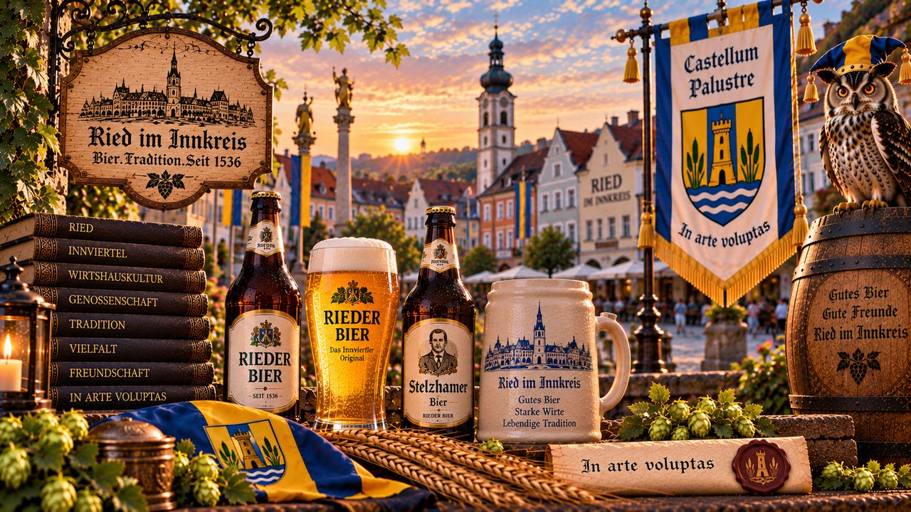 Stimmungsbild zum Castellum Palustre: Uhu, Banner und Rieder Bier vor dem Hauptplatz von Ried im Innkreis