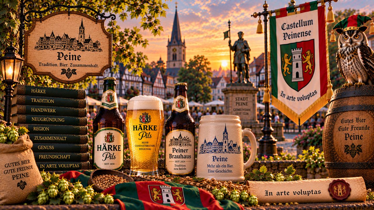 Stimmungsbild zum Castellum Peinense: Uhu, Banner und Peiner Bier vor der Stadtsilhouette von Peine