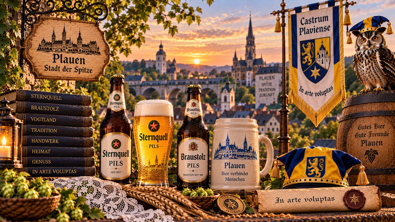 Stimmungsbild zum Castrum Plaviense: Uhu, Banner, Plauener Bier und Spitze vor der Stadtsilhouette von Plauen