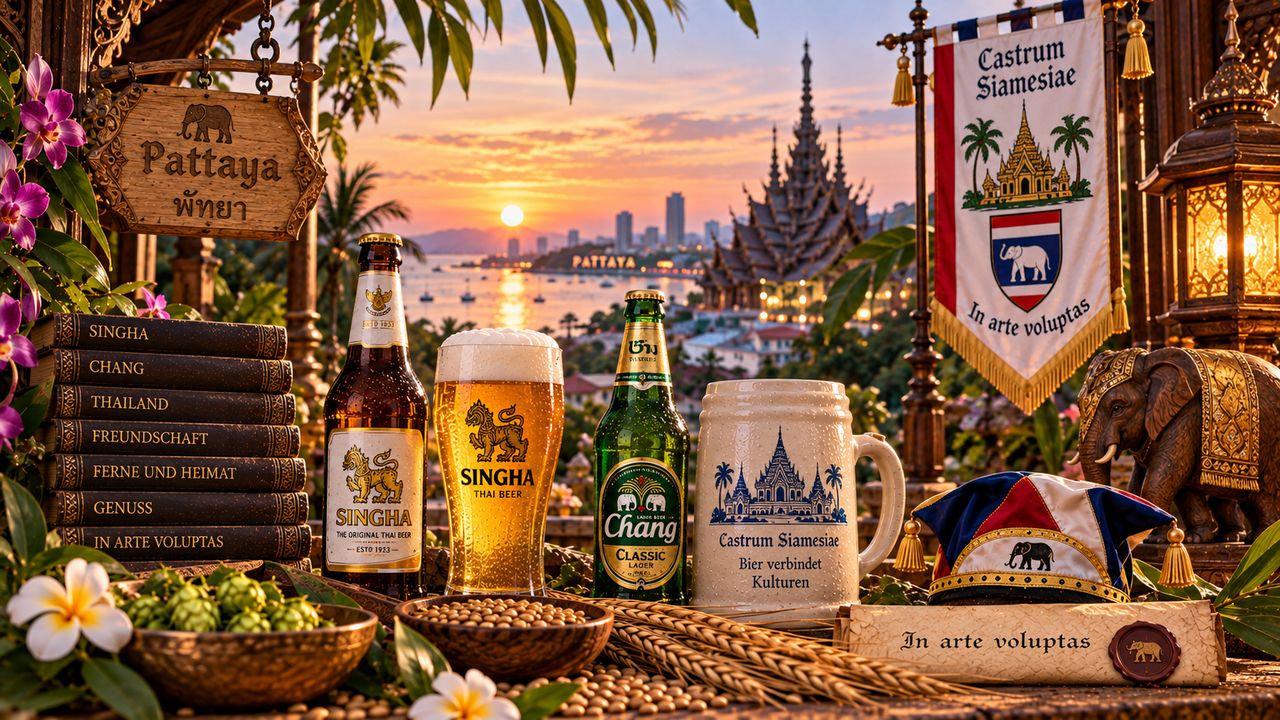 Stimmungsbild zum Castrum Siamesiae: Uhu, Elefantenbanner und thailändisches Bier vor dem Wahrheitstempel und der Bucht von Pattaya