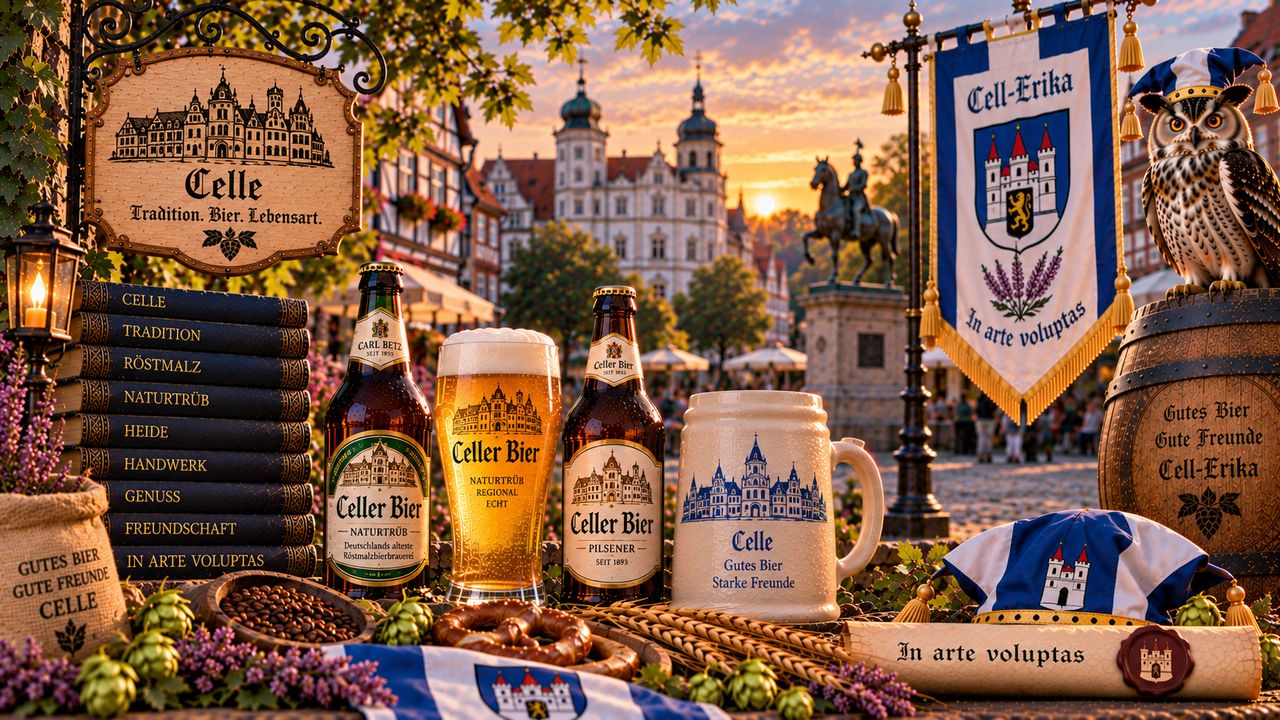 Stimmungsbild zur Cell-Erika: Uhu, Banner, Heidekraut und Celler Bier vor Schloss und Altstadt von Celle