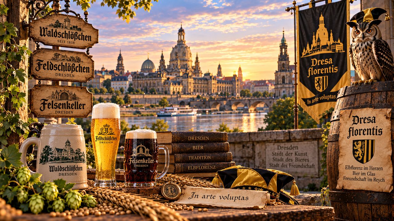 Stimmungsbild zur Dresa Florentis: Uhu, Banner und Wegweiser zu Dresdner Brauereien vor der Altstadtsilhouette mit Frauenkirche