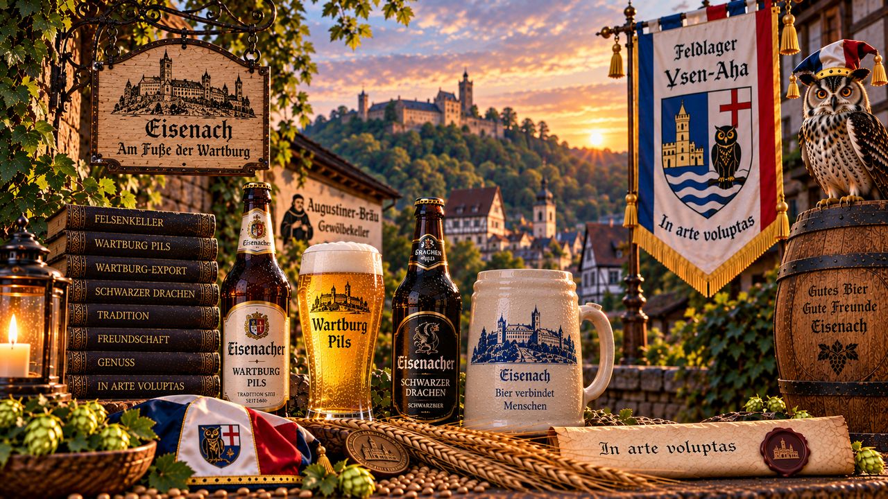 Stimmungsbild zum Feldlager Ysen-Aha: Uhu, Banner und Eisenacher Bier vor der Stadt und der Wartburg