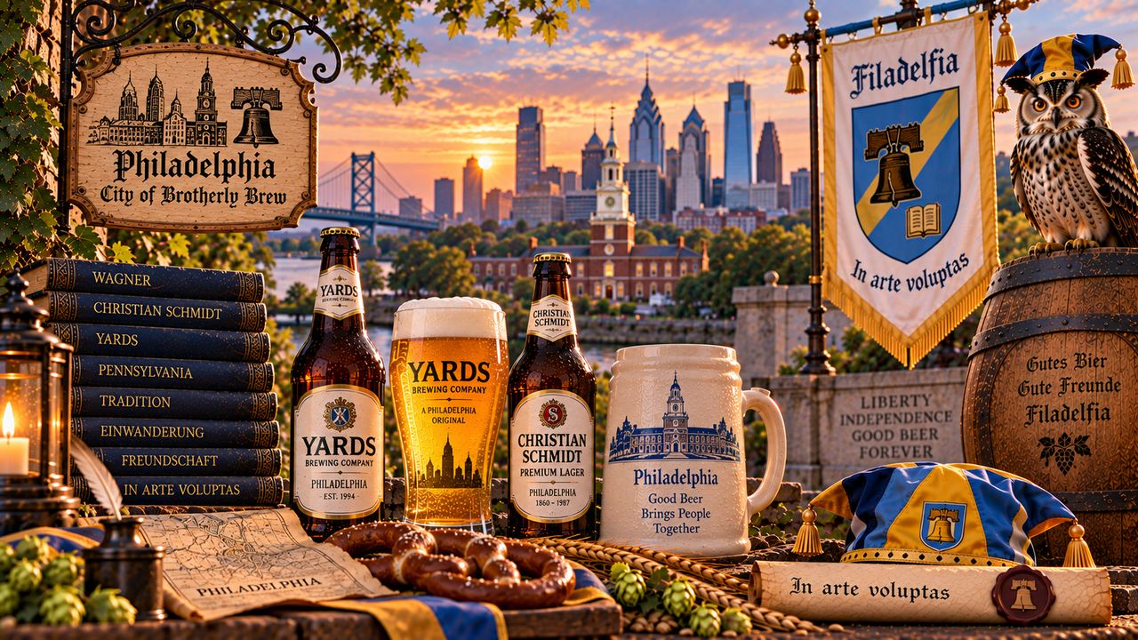 Stimmungsbild zur Filadelfia: Uhu, Banner mit Freiheitsglocke und Bier aus Philadelphia vor der Skyline am Delaware