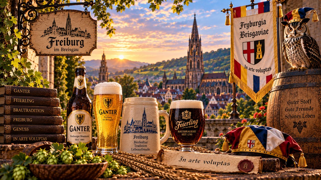 Stimmungsbild zur Fryburgia Brisgaviae: Uhu, Reychsbanner und badisches Bier vor dem Freiburger Münster