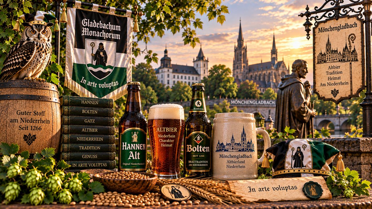 Stimmungsbild zum Gladebachum Monachorum: Uhu, Banner und Altbier vom Niederrhein vor dem Mönchengladbacher Münster