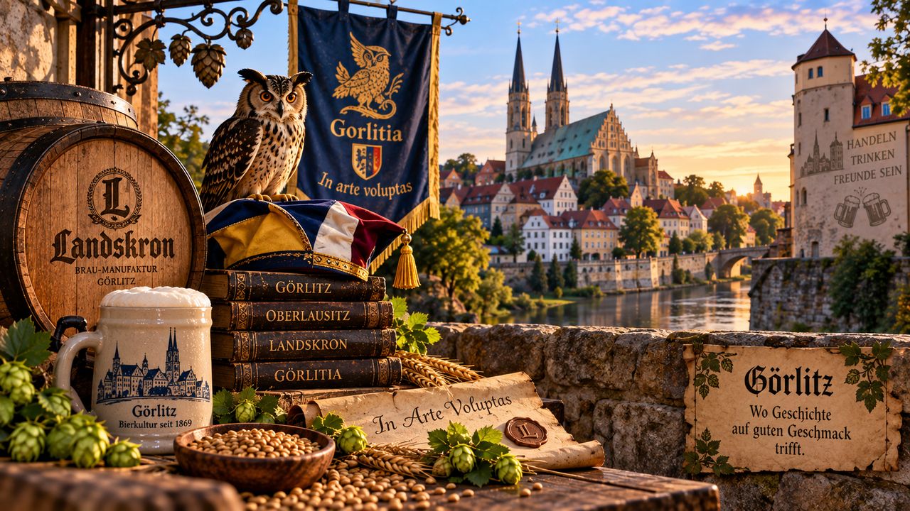 Stimmungsbild zur Gorlitia: Uhu mit Reychsbanner, Bierfass und Krug vor der Altstadt von Görlitz an der Neiße