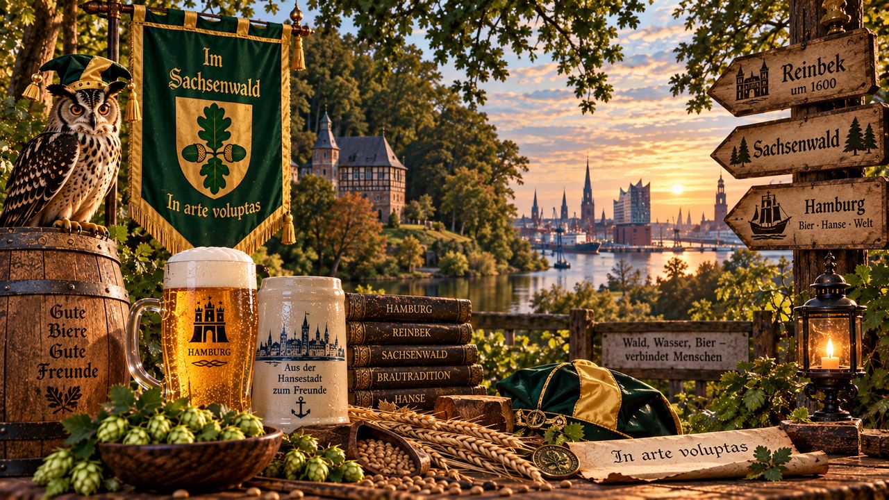 Stimmungsbild zum Reych Im Sachsenwald: Uhu, grünes Reychsbanner und Wegweiser nach Reinbek und Hamburg am Waldrand