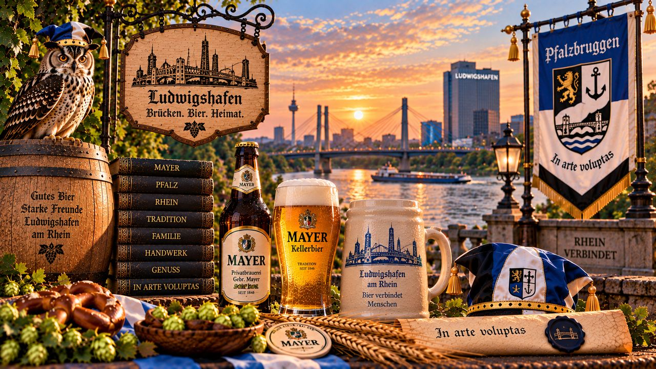 Stimmungsbild zur Pfalzbruggen: Uhu, Ankerbanner und Pfälzer Bier vor dem Rhein und der Brücke nach Mannheim