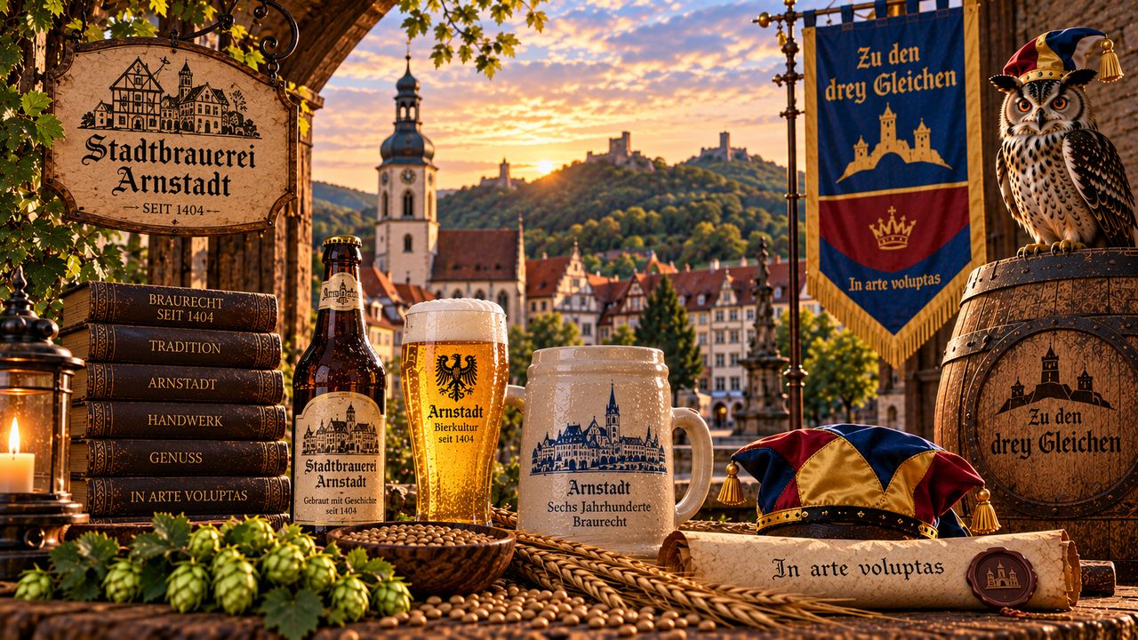 Stimmungsbild zum Reych Zu den Drey Gleichen: Uhu, Banner und Arnstädter Bier vor der Stadt und den Thüringer Höhen